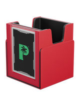 Palms Off Gaming red Portal Nexus 100+ Deck Box with fully removable lid attached underneath for compact setup.