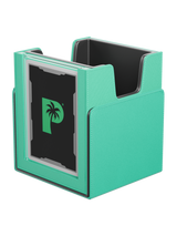 Palms Off Gaming turquoise Portal Nexus 100+ Deck Box with fully removable lid attached underneath for compact setup.