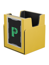 Palms Off Gaming yellow Portal Nexus 100+ Deck Box with fully removable lid attached underneath for compact setup.