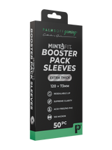 Palms Off Gaming MintFit booster pack sleeves, designed to perfectly fit common trading card booster packs with a tapered, resealable lip.