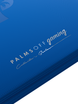 Debossed foil Palms Off Gaming logo on blue 12 pocket binder designed for secure trading card storage.