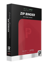 Retail packaging of Palms Off Gaming red 12 pocket zip binder, ideal for collectors storing trading cards from Pokémon, MTG, Yu-Gi-Oh! and more.