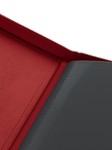Red velvet inside cover of Palms Off Gaming 12 pocket binder for premium storage of trading cards.