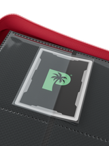 Side-loading pockets in Palms Off Gaming red 12 pocket binder, built to securely hold trading cards from Pokémon, MTG, Yu-Gi-Oh! cards and more.