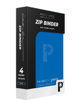 Retail packaging of Palms Off Gaming blue 4 pocket zip binder, ideal for collectors storing trading cards from Pokémon, MTG, Yu-Gi-Oh! and more.