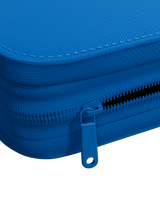 Durable blue steel zipper on Palms Off Gaming 4 pocket binder, keeping Pokémon, MTG, One Piece trading cards and more safe.