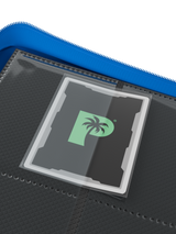 Side-loading pockets in Palms Off Gaming blue 4 pocket binder, built to securely hold trading cards from Pokémon, MTG, Yu-Gi-Oh! cards and more.