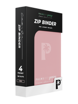 Retail packaging of Palms Off Gaming pink 4 pocket zip binder, ideal for collectors storing trading cards from Pokémon, MTG, Yu-Gi-Oh! and more.