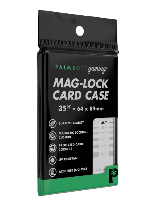 Palms Off Gaming 35pt mag-lock card case, UV-resistant archival-safe acrylic one-touch case for storing trading cards. Palms Off Gaming 35pt mag-lock card case, UV-resistant archival-safe acrylic one-touch case for storing trading cards.