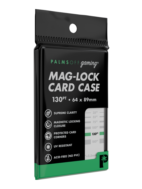 Palms Off Gaming 130pt mag-lock card case, UV-resistant archival-safe acrylic one-touch case for storing trading cards. Palms Off Gaming 130pt mag-lock card case, UV-resistant archival-safe acrylic one-touch case for storing trading cards.