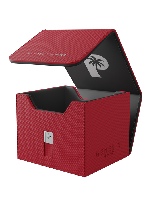 Palms Off Gaming red Genesis Deck Box, impact-proof storage for 100 double-sleeved or 120 single-sleeved TCG cards. Palms Off Gaming red Genesis Deck Box, impact-proof storage for 100 double-sleeved or 120 single-sleeved TCG cards.