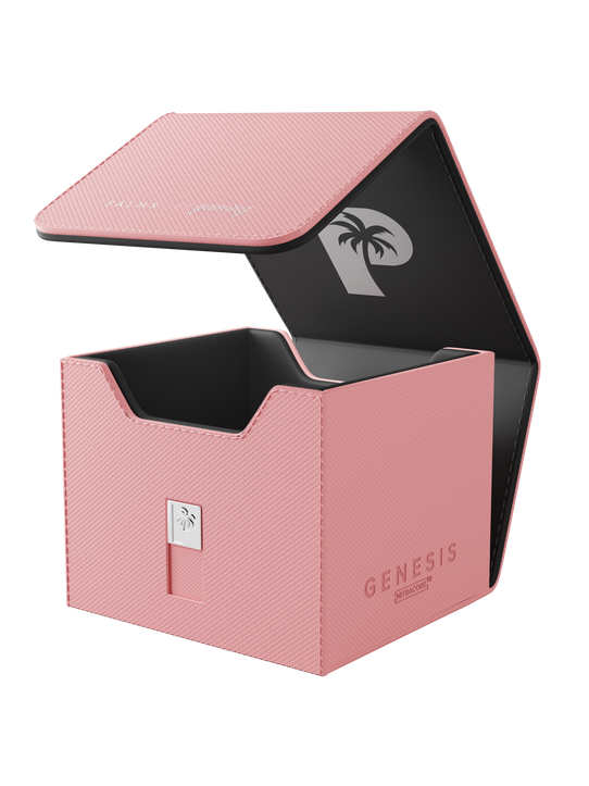 Palms Off Gaming pink Genesis Deck Box, impact-proof storage for 100 double-sleeved or 120 single-sleeved TCG cards.