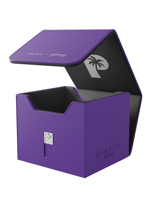 Palms Off Gaming purple Genesis Deck Box, impact-proof storage for 100 double-sleeved or 120 single-sleeved TCG cards.