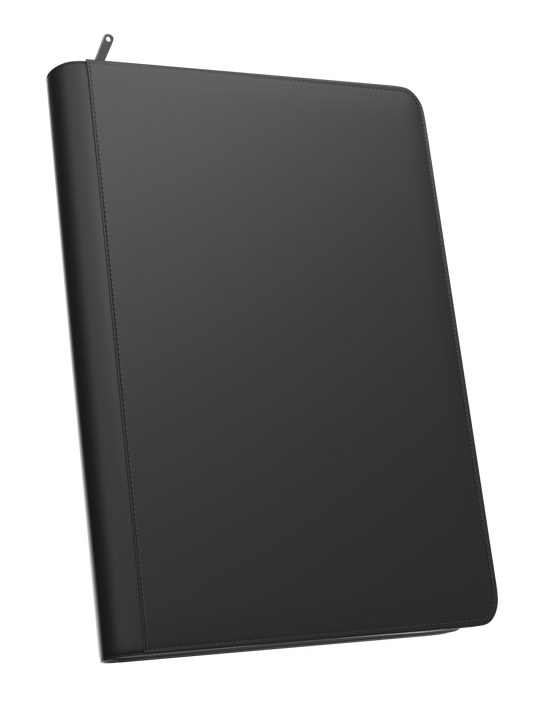 Palms Off Gaming Stealth black 9 pocket zip binder with smooth PU leather cover, holds 360 Pokémon, MTG, Yu-Gi-Oh! Trading cards and more.