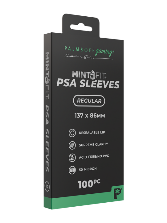 Palms Off Gaming MintFit PSA sleeves, designed to perfectly fit PSA graded trading card slabs with a tapered, resealable lip. Palms Off Gaming MintFit PSA sleeves, designed to perfectly fit PSA graded trading card slabs with a tapered, resealable lip.