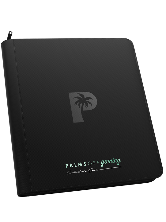 Palms Off Gaming Collector’s Series black 12 pocket zip binder with PU leather cover, holds 480 Pokémon, MTG, Yu-Gi-Oh! Trading cards and more.