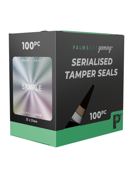 Palms Off Gaming Serialised Tamper Seal Stickers, uniquely numbered for protection and sealing of TCG and other items to identify potential tampering.