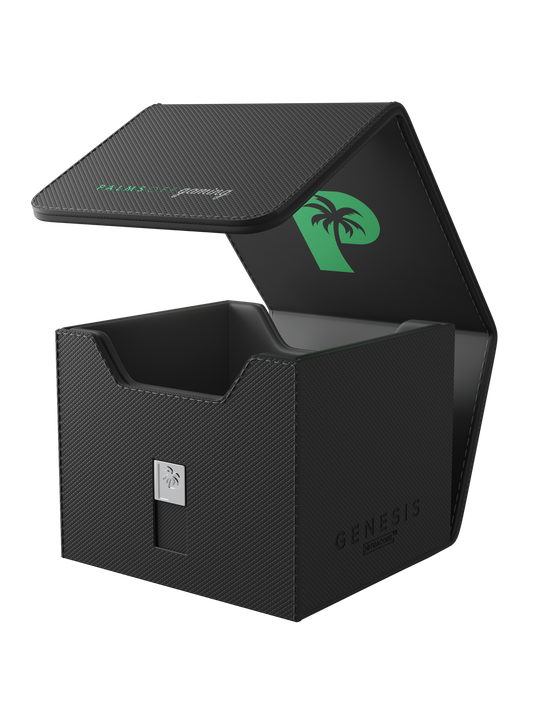 Palms Off Gaming black Genesis Deck Box, impact-proof storage for 100 double-sleeved or 120 single-sleeved TCG cards. Palms Off Gaming black Genesis Deck Box, impact-proof storage for 100 double-sleeved or 120 single-sleeved TCG cards.