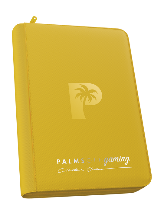 Palms Off Gaming Collector’s Series yellow 4 pocket zip binder with PU leather cover, holds 160 Pokémon, MTG, Yu-Gi-Oh! Trading cards and more. Palms Off Gaming Collector’s Series yellow 4 pocket zip binder with PU leather cover, holds 160 Pokémon, MTG, Yu-Gi-Oh! Trading cards and more.