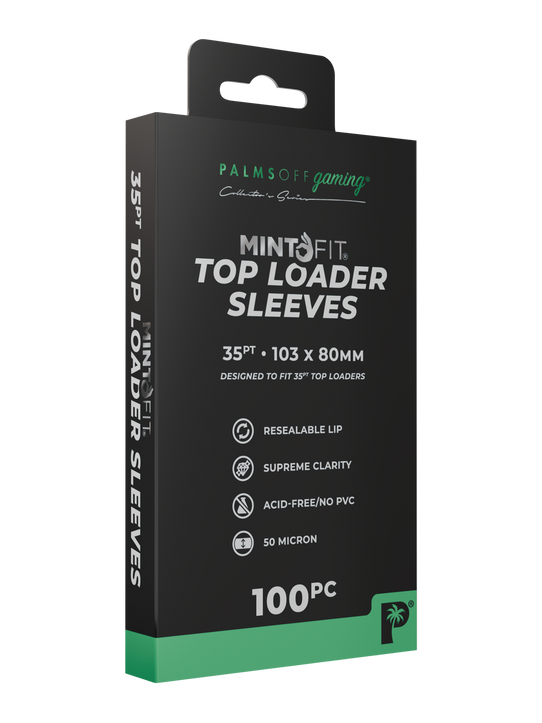 Palms Off Gaming MintFit top loader sleeves, designed to perfectly fit regular 35pt top loaders, with a tapered, resealable lip.