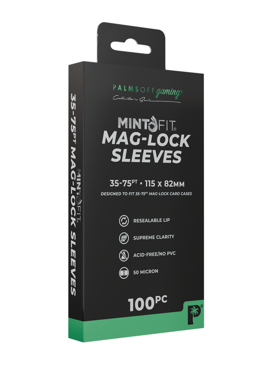 Palms Off Gaming MintFit mag lock card case sleeves, designed to perfectly fit 35pt, 55pt and 75pt mag-lock card cases, with a tapered, resealable lip. Palms Off Gaming MintFit mag lock card case sleeves, designed to perfectly fit 35pt, 55pt and 75pt mag-lock card cases, with a tapered, resealable lip.