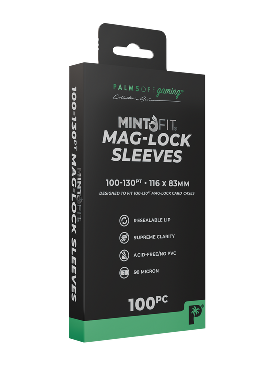 Palms Off Gaming MintFit mag lock card case sleeves, designed to perfectly fit 100pt and 130pt mag-lock card cases, with a tapered, resealable lip. Palms Off Gaming MintFit mag lock card case sleeves, designed to perfectly fit 100pt and 130pt mag-lock card cases, with a tapered, resealable lip.