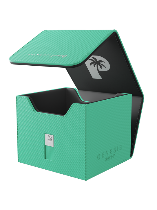 Palms Off Gaming turquoise Genesis Deck Box, impact-proof storage for 100 double-sleeved or 120 single-sleeved TCG cards.