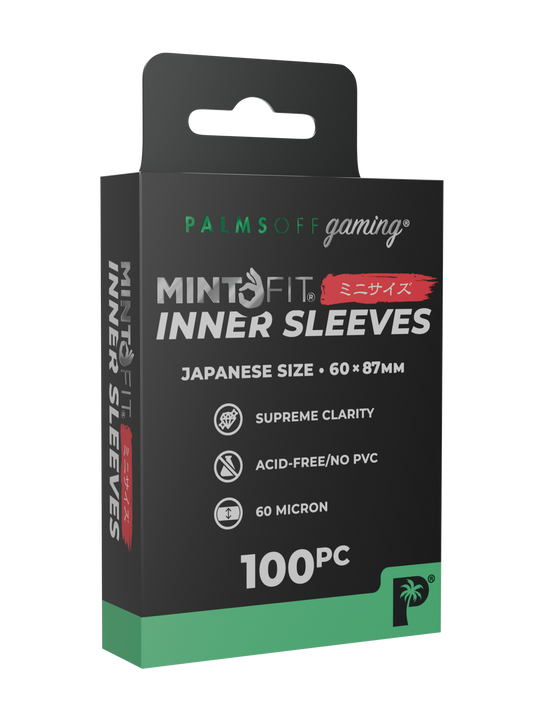 Palms Off Gaming MintFit Japanese mini size inner sleeves, designed to perfectly fit Japanese mini size trading cards such as Yu-Gi-Oh! and more.
