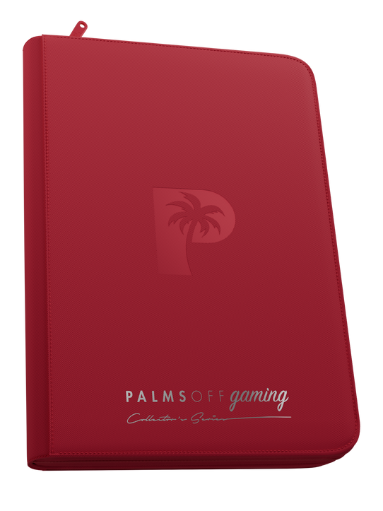 Palms Off Gaming red 9 pocket top loader zip binder with PU leather cover, holds 216 standard 35pt top loaders for Pokémon, MTG, Yu-Gi-Oh! and more. Palms Off Gaming red 9 pocket top loader zip binder with PU leather cover, holds 216 standard 35pt top loaders for Pokémon, MTG, Yu-Gi-Oh! and more.
