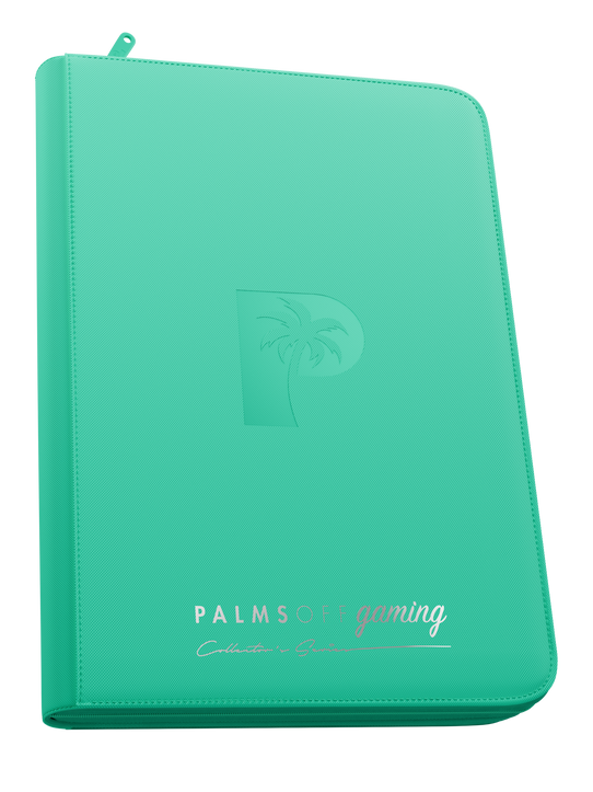 Palms Off Gaming turquoise 9 pocket top loader zip binder with PU leather cover, holds 216 standard 35pt top loaders for Pokémon, MTG, Yu-Gi-Oh! and more. Palms Off Gaming turquoise 9 pocket top loader zip binder with PU leather cover, holds 216 standard 35pt top loaders for Pokémon, MTG, Yu-Gi-Oh! and more.