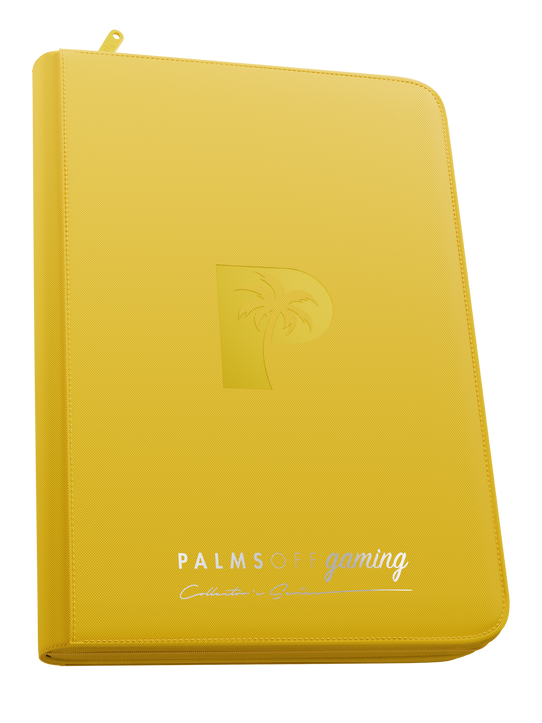 Palms Off Gaming yellow 9 pocket top loader zip binder with PU leather cover, holds 216 standard 35pt top loaders for Pokémon, MTG, Yu-Gi-Oh! and more. Palms Off Gaming yellow 9 pocket top loader zip binder with PU leather cover, holds 216 standard 35pt top loaders for Pokémon, MTG, Yu-Gi-Oh! and more.