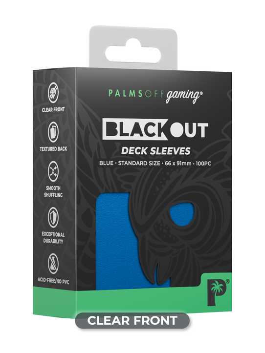 Palms Off Gaming Blackout standard size deck sleeves in blue, perfect for playing Pokémon, One Piece, Magic: The Gathering, Lorcana and more.