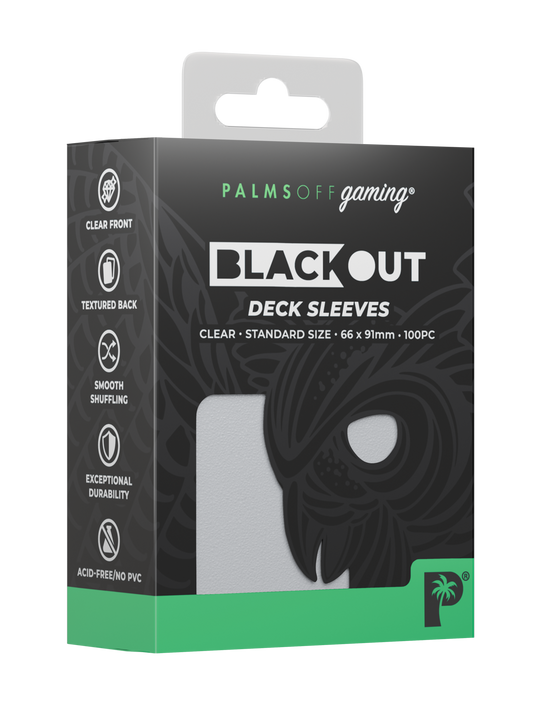 Palms Off Gaming Blackout standard size deck sleeves in clear, perfect for playing Pokémon, One Piece, Magic: The Gathering, Lorcana and more.