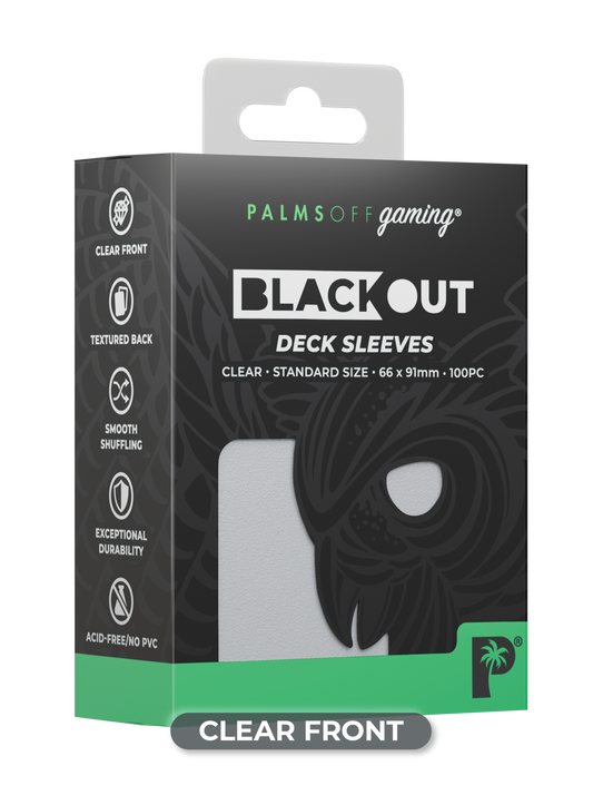 Palms Off Gaming Blackout standard size deck sleeves in clear, perfect for playing Pokémon, One Piece, Magic: The Gathering, Lorcana and more.
