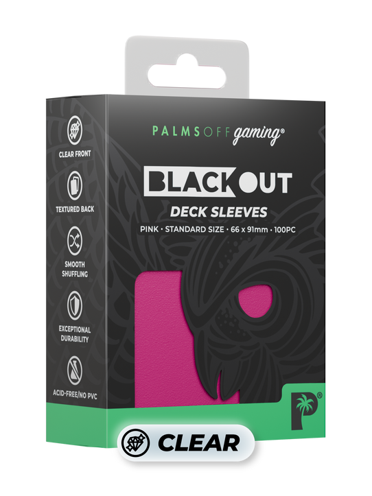 Palms Off Gaming Blackout standard size deck sleeves in pink, perfect for playing Pokémon, One Piece, Magic: The Gathering, Lorcana and more. Palms Off Gaming Blackout standard size deck sleeves in pink, perfect for playing Pokémon, One Piece, Magic: The Gathering, Lorcana and more.