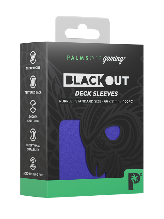 Palms Off Gaming Blackout standard size deck sleeves in purple, perfect for playing Pokémon, One Piece, Magic: The Gathering, Lorcana and more. Palms Off Gaming Blackout standard size deck sleeves in purple, perfect for playing Pokémon, One Piece, Magic: The Gathering, Lorcana and more.
