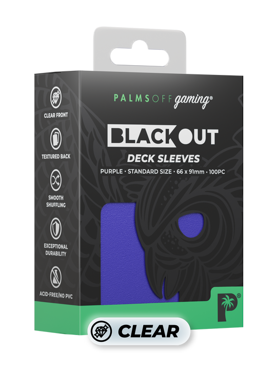 Palms Off Gaming Blackout standard size deck sleeves in purple, perfect for playing Pokémon, One Piece, Magic: The Gathering, Lorcana and more.