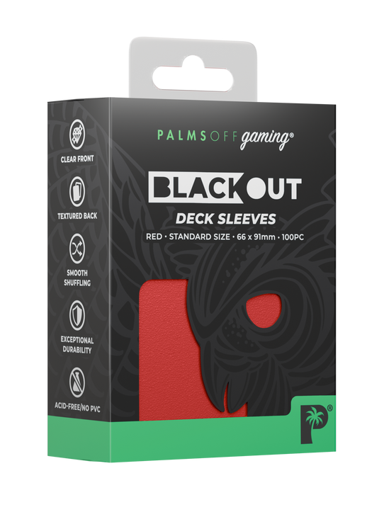 Palms Off Gaming Blackout standard size deck sleeves in red, perfect for playing Pokémon, One Piece, Magic: The Gathering, Lorcana and more. Palms Off Gaming Blackout standard size deck sleeves in red, perfect for playing Pokémon, One Piece, Magic: The Gathering, Lorcana and more.