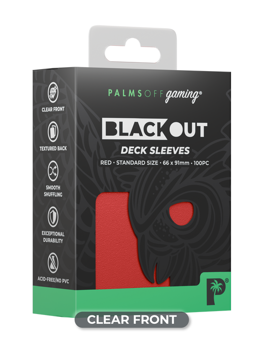 Palms Off Gaming Blackout standard size deck sleeves in red, perfect for playing Pokémon, One Piece, Magic: The Gathering, Lorcana and more.