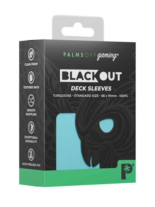 Palms Off Gaming Blackout standard size deck sleeves in turquoise, perfect for playing Pokémon, One Piece, Magic: The Gathering, Lorcana and more. Palms Off Gaming Blackout standard size deck sleeves in turquoise, perfect for playing Pokémon, One Piece, Magic: The Gathering, Lorcana and more.