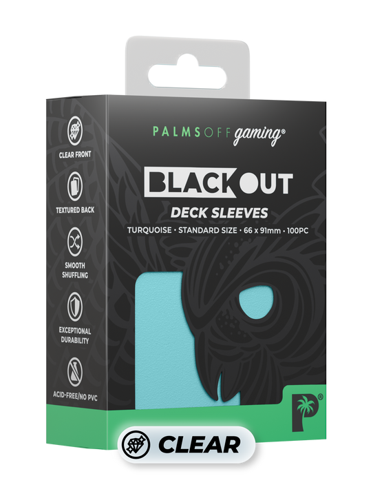 Palms Off Gaming Blackout standard size deck sleeves in turquoise, perfect for playing Pokémon, One Piece, Magic: The Gathering, Lorcana and more. Palms Off Gaming Blackout standard size deck sleeves in turquoise, perfect for playing Pokémon, One Piece, Magic: The Gathering, Lorcana and more.