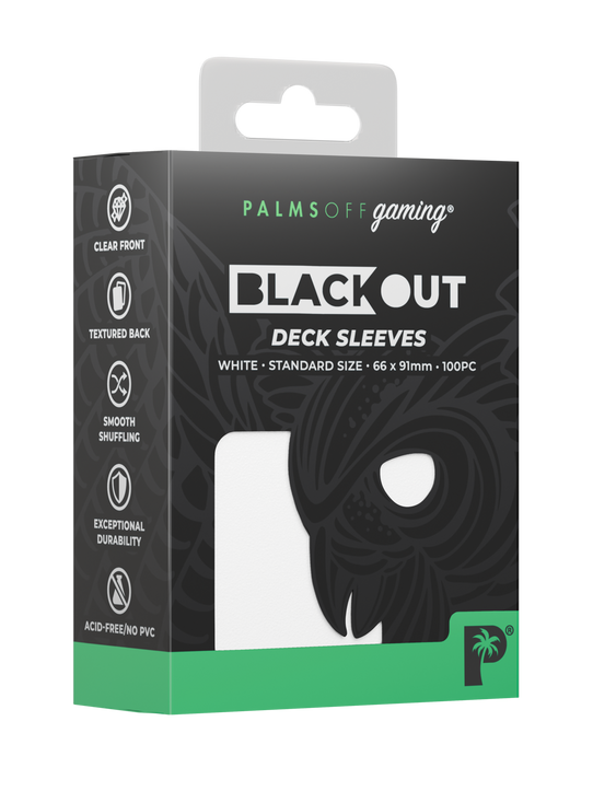 Palms Off Gaming Blackout standard size deck sleeves in white, perfect for playing Pokémon, One Piece, Magic: The Gathering, Lorcana and more.