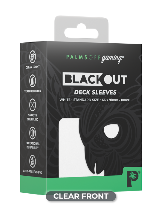 Palms Off Gaming Blackout standard size deck sleeves in white, perfect for playing Pokémon, One Piece, Magic: The Gathering, Lorcana and more.