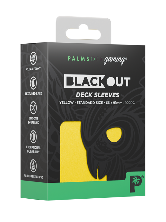 Palms Off Gaming Blackout standard size deck sleeves in yellow, perfect for playing Pokémon, One Piece, Magic: The Gathering, Lorcana and more.