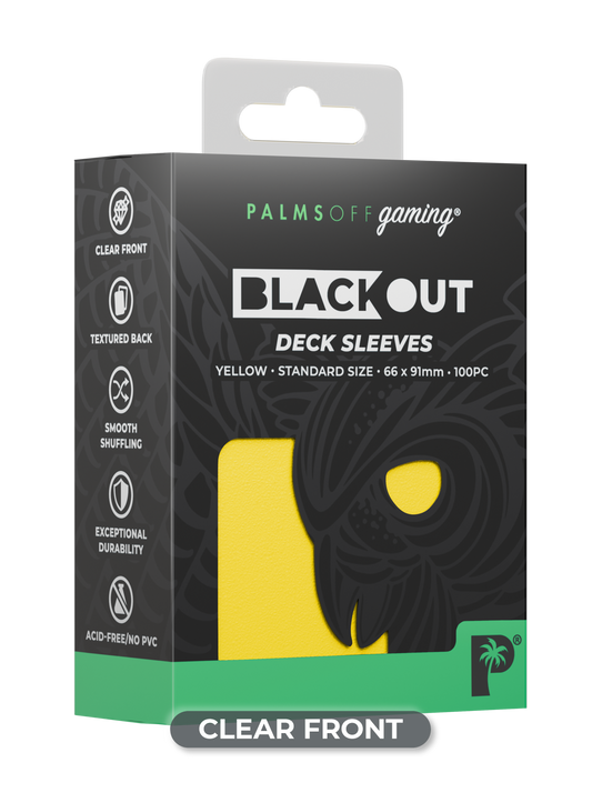 Palms Off Gaming Blackout standard size deck sleeves in yellow, perfect for playing Pokémon, One Piece, Magic: The Gathering, Lorcana and more.