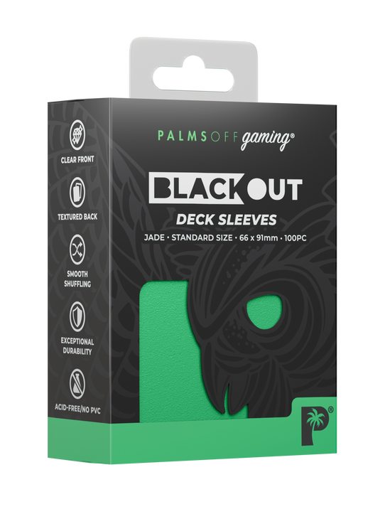 Palms Off Gaming Blackout standard size deck sleeves in jade, perfect for playing Pokémon, One Piece, Magic: The Gathering, Lorcana and more.