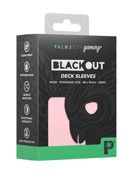 Palms Off Gaming Blackout standard size deck sleeves in rose, perfect for playing Pokémon, One Piece, Magic: The Gathering, Lorcana and more. Palms Off Gaming Blackout standard size deck sleeves in rose, perfect for playing Pokémon, One Piece, Magic: The Gathering, Lorcana and more.