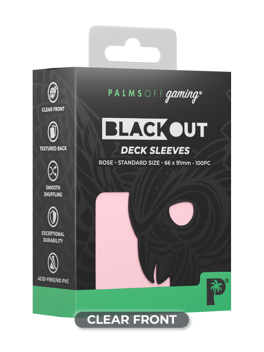 Palms Off Gaming Blackout standard size deck sleeves in rose, perfect for playing Pokémon, One Piece, Magic: The Gathering, Lorcana and more.