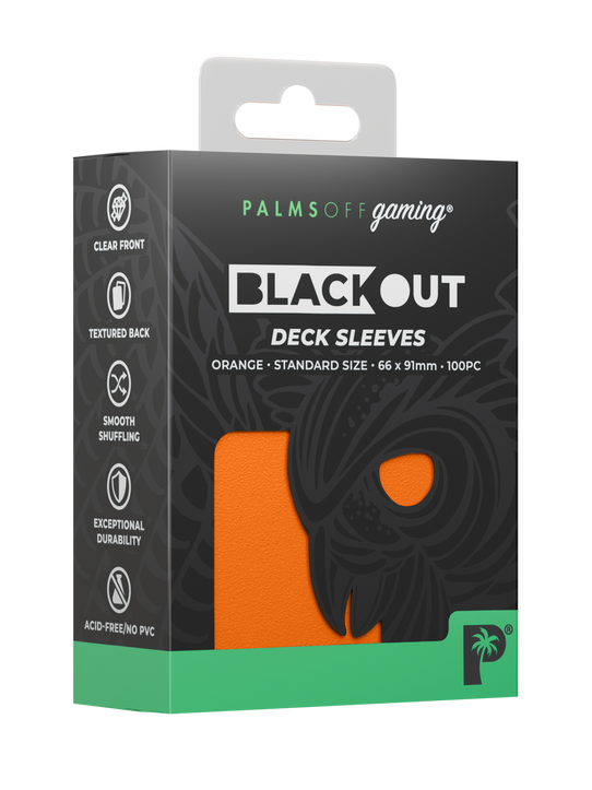 Palms Off Gaming Blackout standard size deck sleeves in orange, perfect for playing Pokémon, One Piece, Magic: The Gathering, Lorcana and more. Palms Off Gaming Blackout standard size deck sleeves in orange, perfect for playing Pokémon, One Piece, Magic: The Gathering, Lorcana and more.