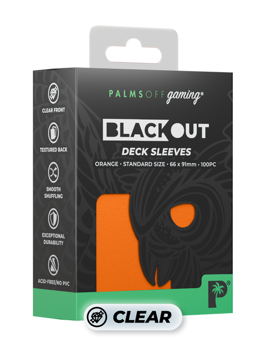 Palms Off Gaming Blackout standard size deck sleeves in orange, perfect for playing Pokémon, One Piece, Magic: The Gathering, Lorcana and more. Palms Off Gaming Blackout standard size deck sleeves in orange, perfect for playing Pokémon, One Piece, Magic: The Gathering, Lorcana and more.